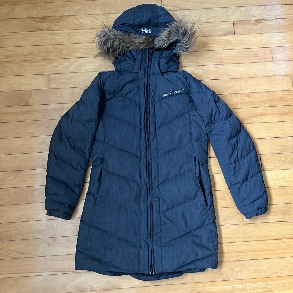 Helly Hansen Womens Long Puffer Parka Jacket Faux Fur Hood Charcoal Grey XS